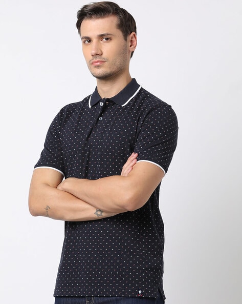 NETPLAY Slim Fit Printed Polo T-Shirt with Contrast Tipping (Navy)