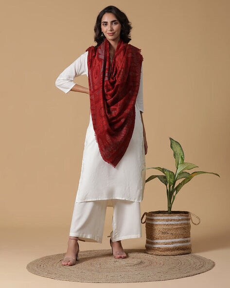Printed Wool Shawl with Frayed Border Price in India