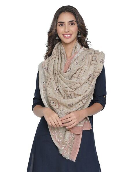 Embroidered Wool Shawl with Frayed Hem Price in India