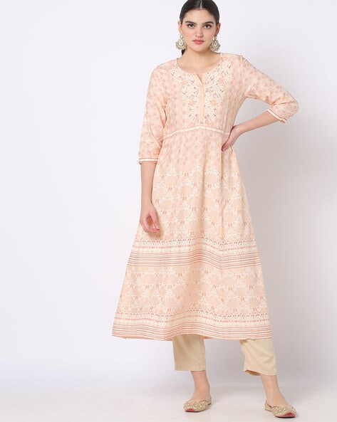AVAASA MIX N' MATCH Floral Print A-Line Kurta (Peach)