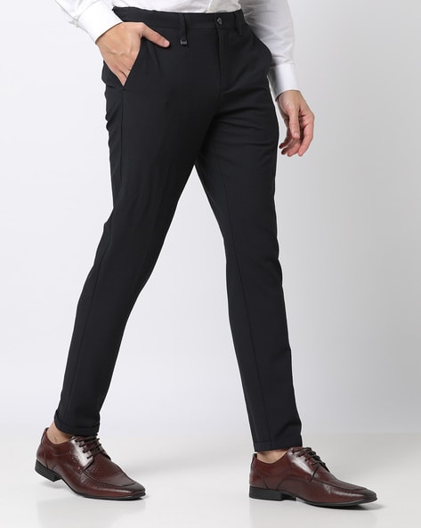 Buy Raymond Black Slim Fit Self Pattern Flat front trousers for Mens Online   Tata CLiQ