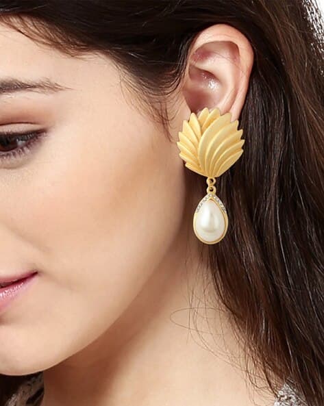 Gold Tone Plated Palm Pearl Drop Earrings