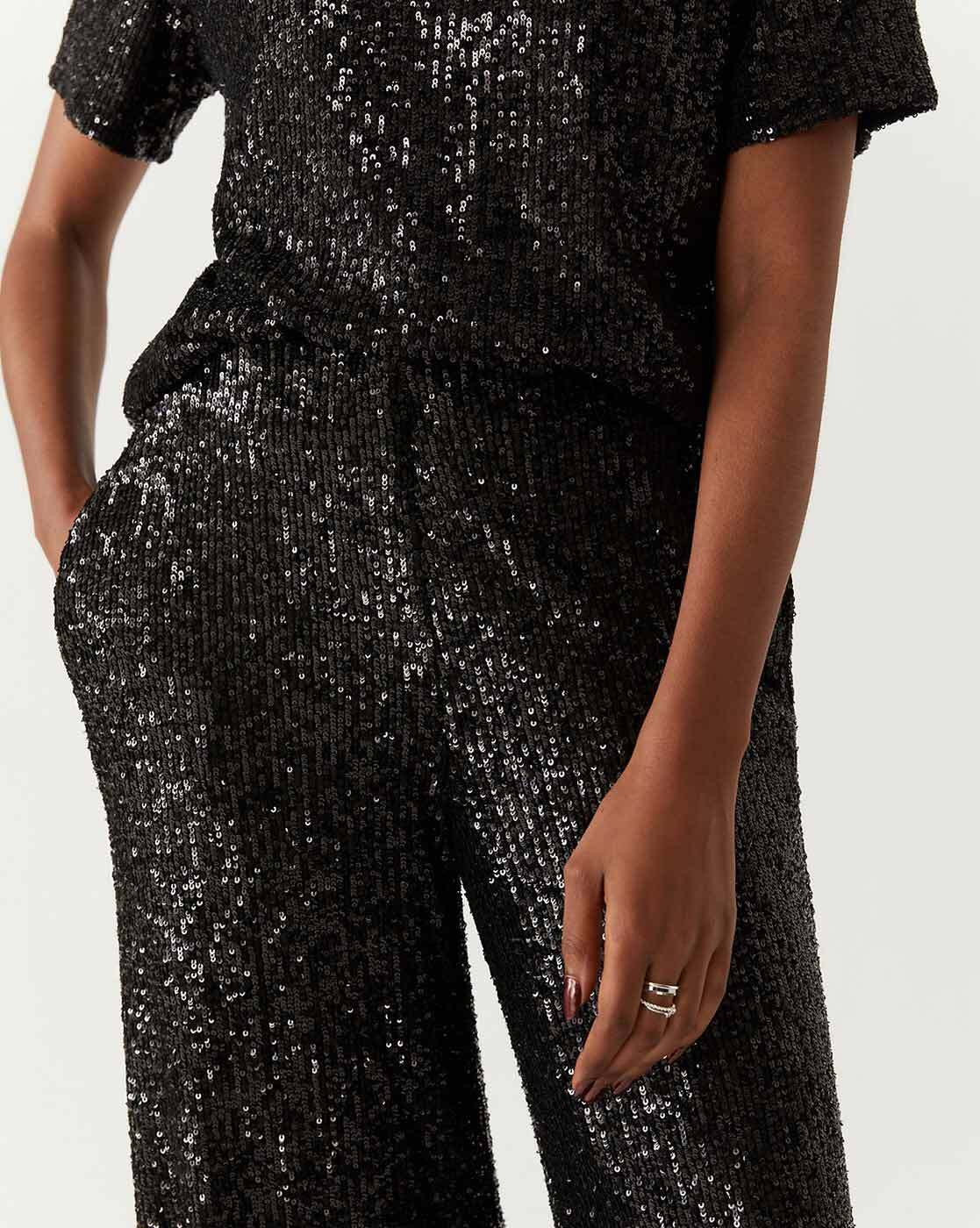 Wide sequined trousers  Black  Ladies  HM IN