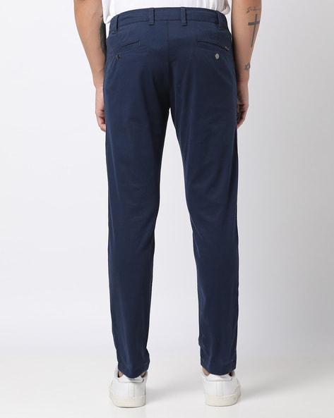 Buy Men Navy Slim Fit Check Flat Front Casual Trousers Online - 742735