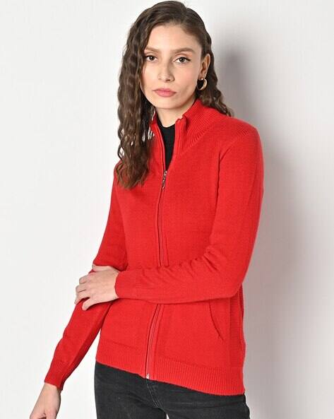 Zip-Front Cardigan with Split Kangaroo Pockets