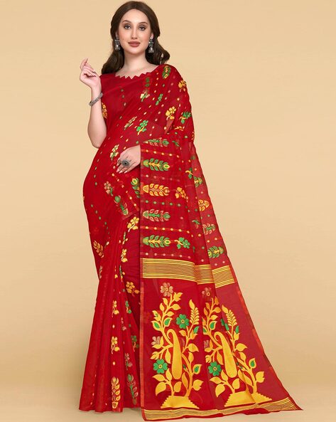 red jamdani | Elegant saree, Saree designs, Saree trends