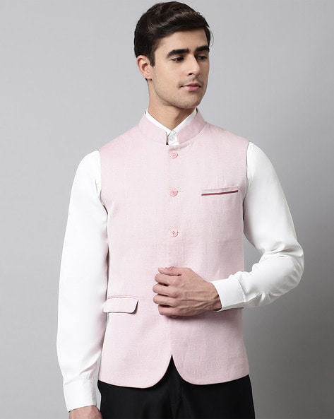 Ebony Clay Blue Stripes Premium Cotton Wedding Nehru Jackets For Men.