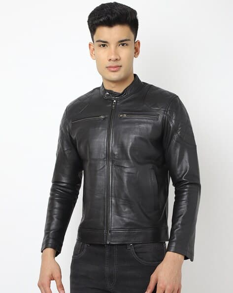 Buy Tortoise Genuine Leather Zip-Front Bik Online | Ajio.com