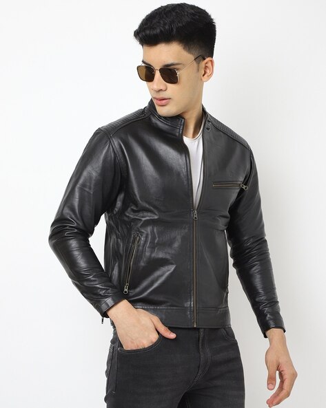 Ajio leather jackets mens hotsell