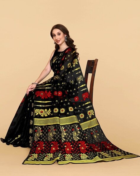 Black Dhakai Jamdani Saree - Fulia Mart