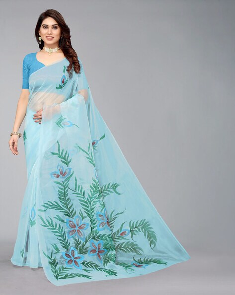 Sky Blue & Multi Coloured Pure Georgette Silk with Beautiful flowers C –  Royskart