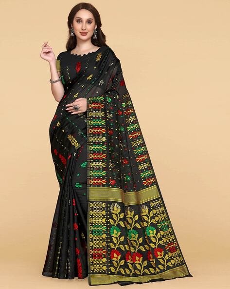 Buy SajaSajo Pure Silk And Resham Hand Woven Dhakai Jamdani Saree Black  with Unstitched Blouse online