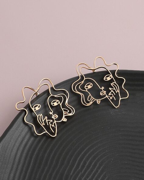 Rose Gold Dreaming Face Woman Earrings, Abstract Pierced - WhyteWing