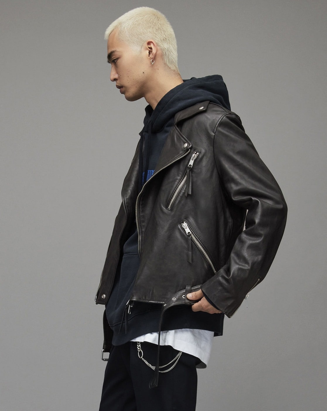 all saints leather hooded jacket