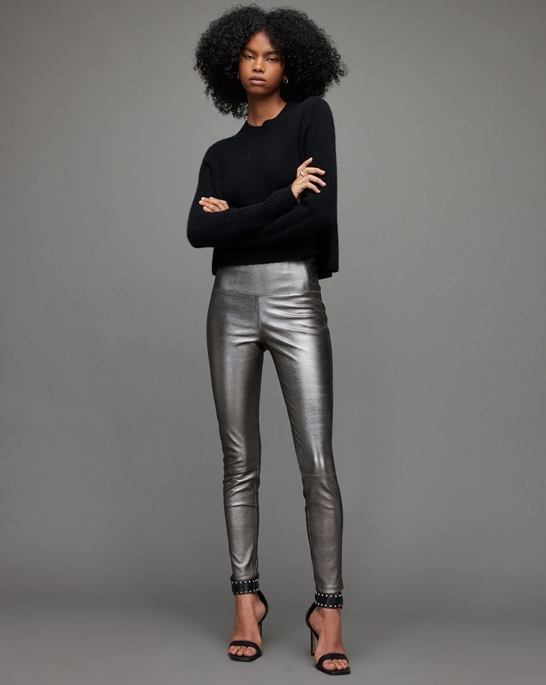 Buy ALL SAINTS Cora Foil Metallic High-Rise Leggings, Silver Color Women