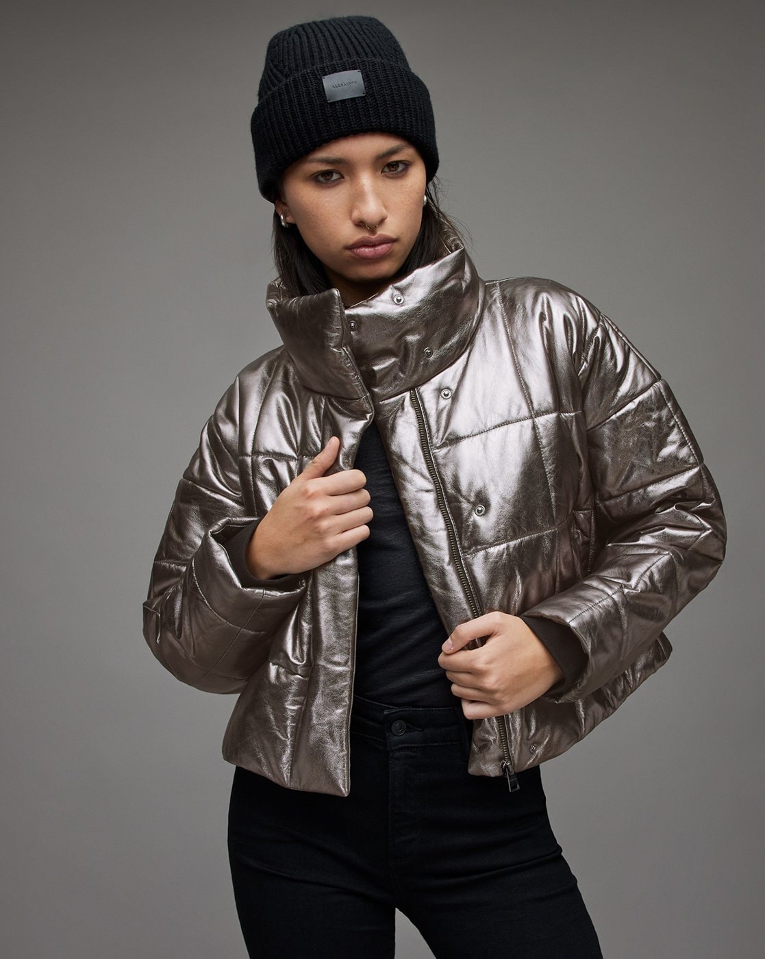 Buy ALL SAINTS Petra Metallic Leather Puffer Jacket | Gunmetal