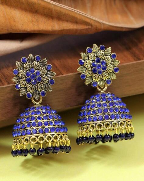 Drop Stunner - Blue Stones Beads American Diamond Jhumka Earrings – Priyaasi