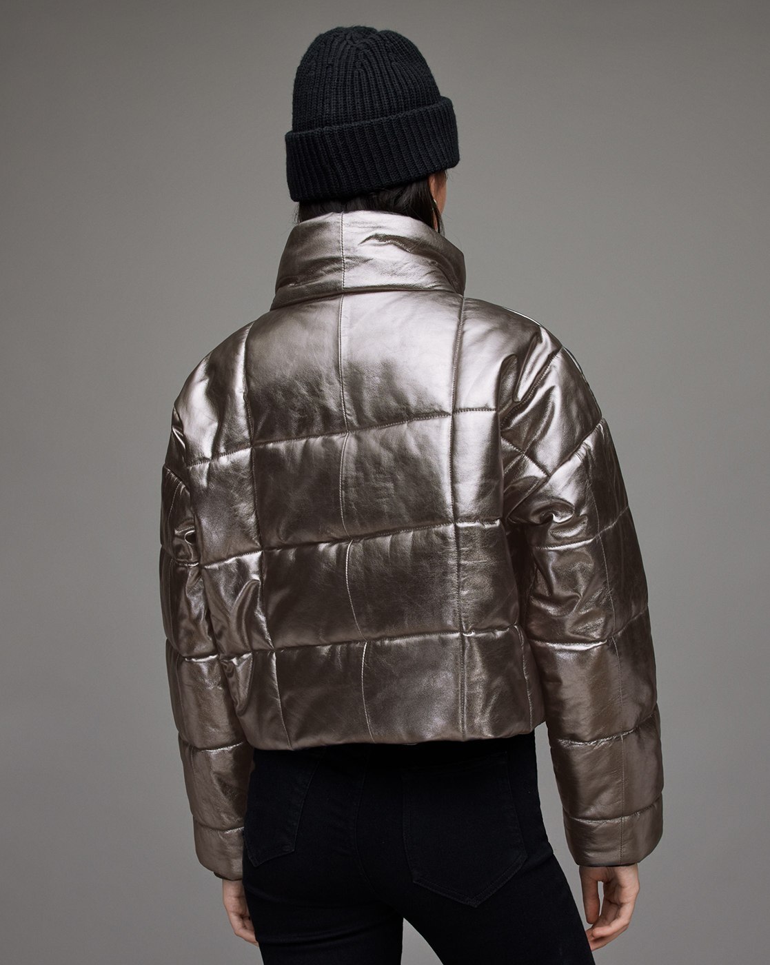 Buy ALL SAINTS Petra Metallic Leather Puffer Jacket | Gunmetal