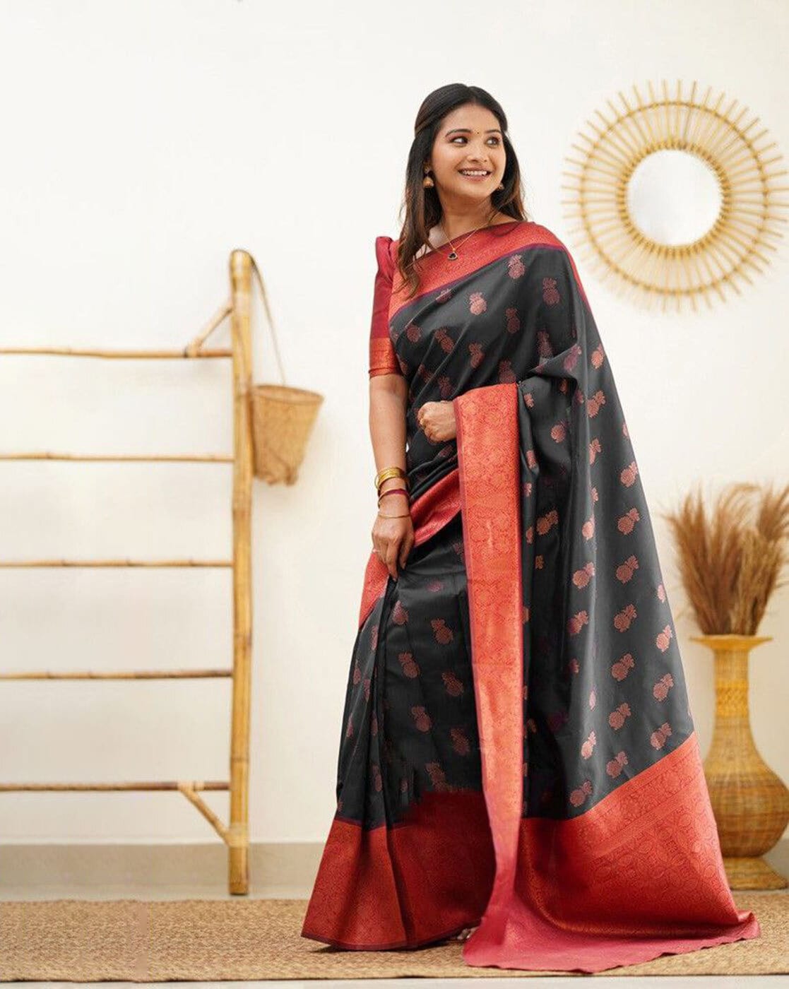 Classy Black and Red Silk Saree I Ramdhanu Ethnic