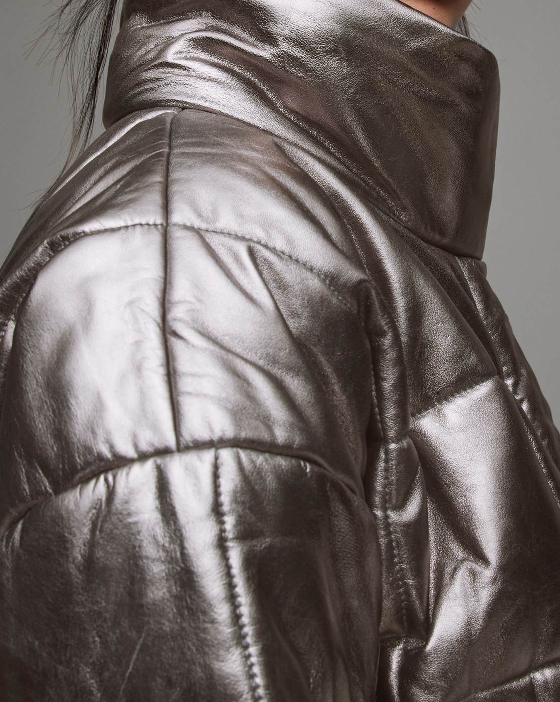 Buy ALL SAINTS Petra Metallic Leather Puffer Jacket | Gunmetal