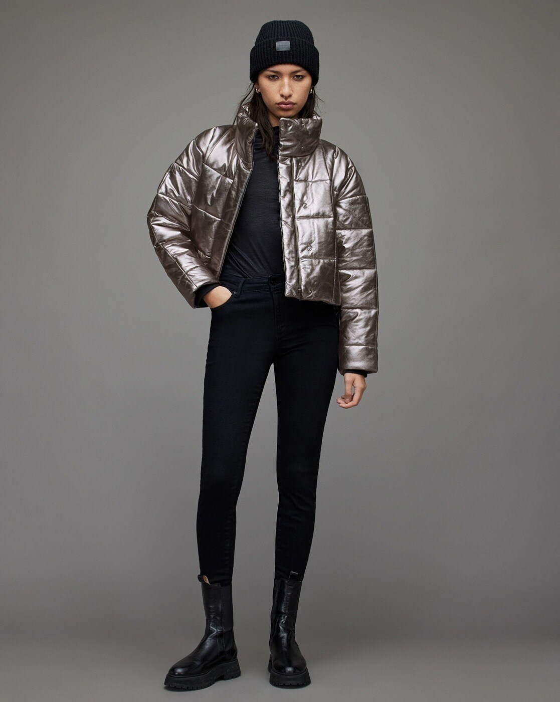 Buy ALL SAINTS Petra Metallic Leather Puffer Jacket | Gunmetal