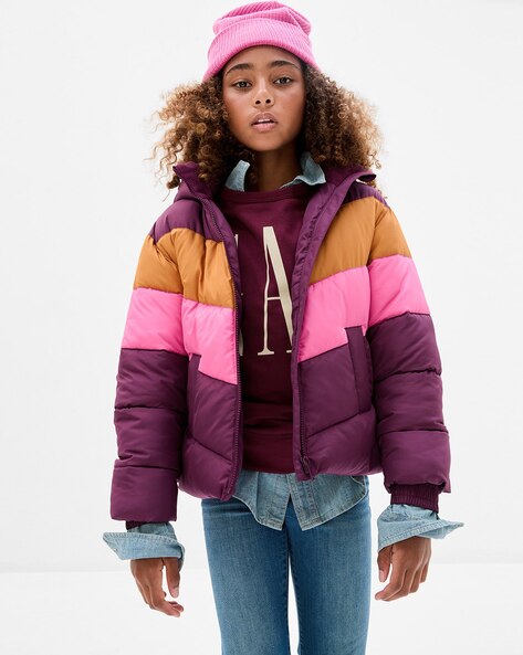 Colourblock Zip Front Hooded Puffer Jacket