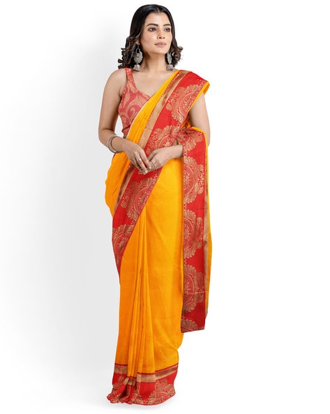 Buy CHHANDA HANDLOOM SAREES Women's Bengali Cotton Yellow Sarees for Women  with Attached Blouse Piece | 100% Handloomed Cotton Saree at Amazon.in