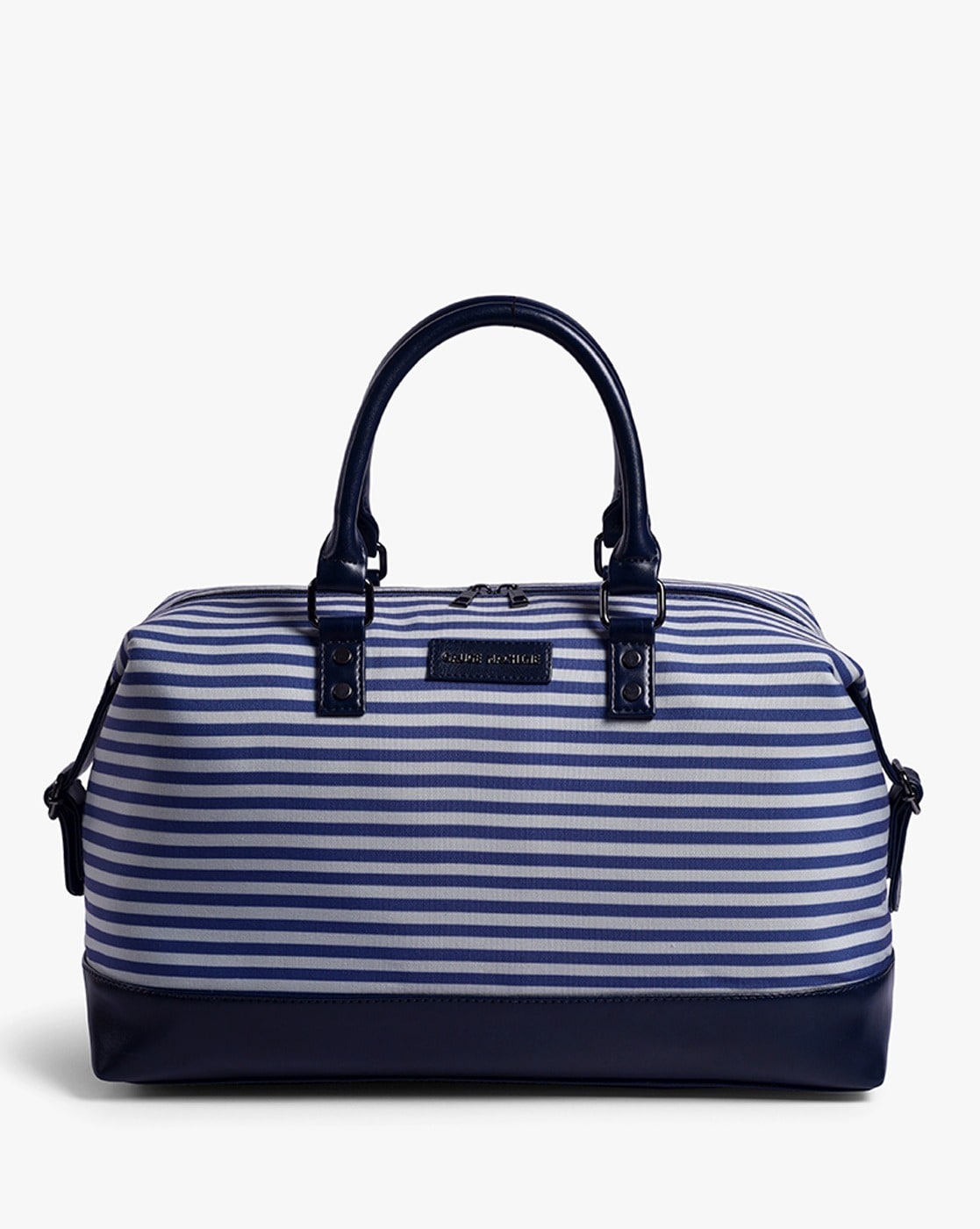 Blue and white striped weekender online bag