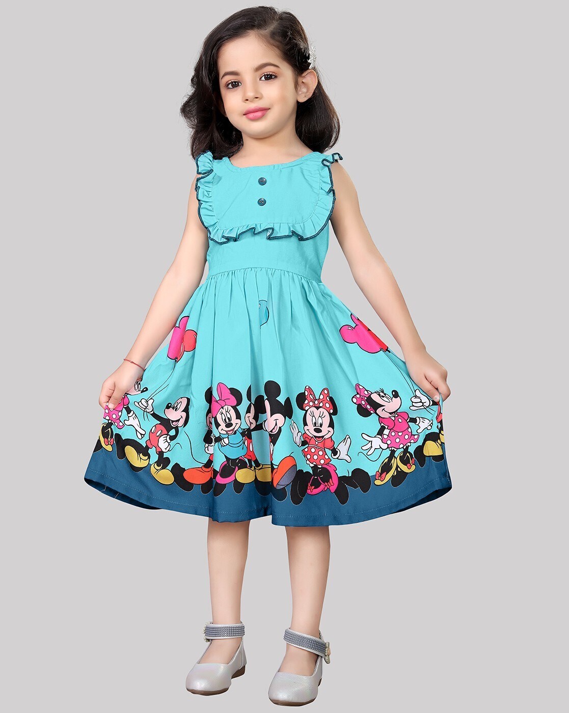 Only4Fashion Girl's Special Pure Cotton Rayon Sik Frock With Very Beautiful Mickey  Mouse prints With Attached Belt.