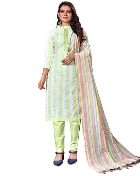 Striped Semi-Stitched Straight Dress Material Price in India