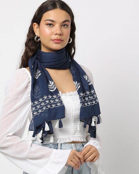 Woman Embroidered Scarf with Tassels Price in India