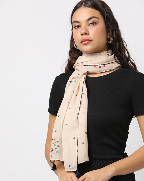 Woman Printed Scarf with Tassels Price in India
