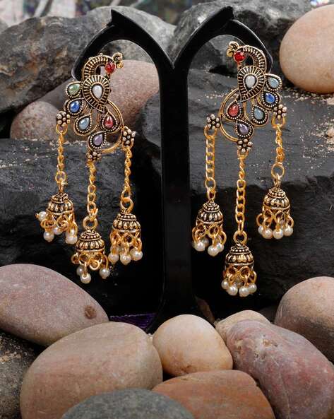 Peacock Feather Golden Jhumki Earrings – Silvermerc Designs