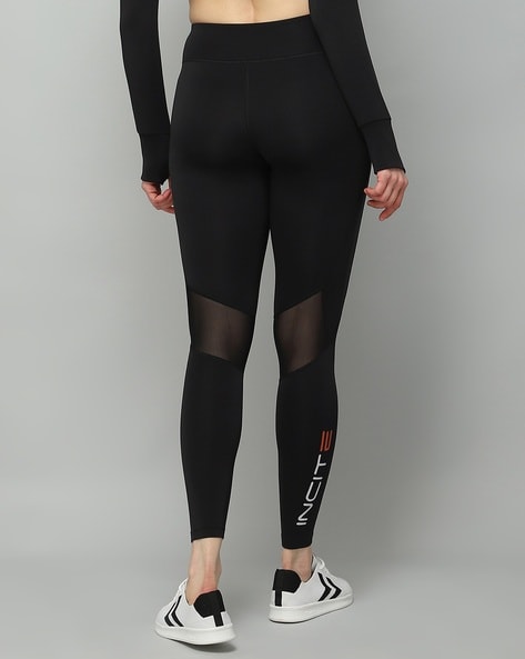 Typographic Print Sports Tights with Mesh Panel