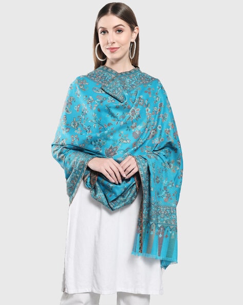 Floral Woven Woolen Shawl with Fringes Price in India