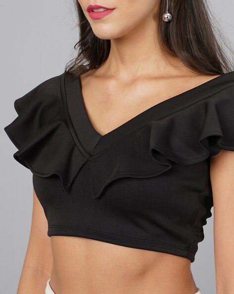 V-Neck Crop Top with Ruffle Sleeves