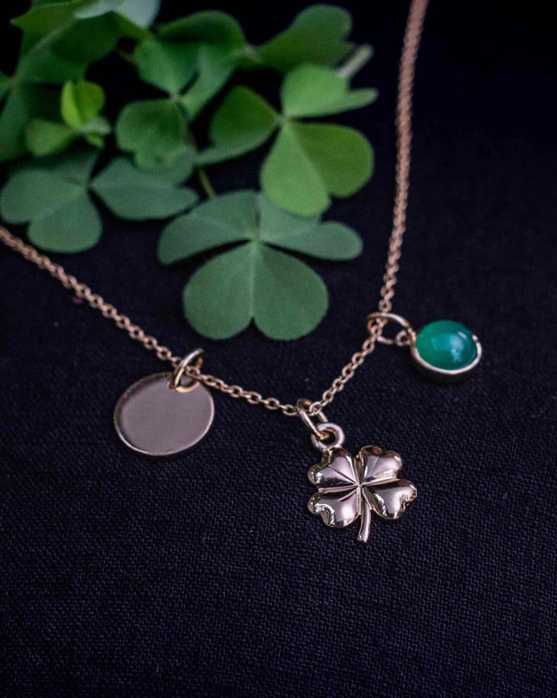 The Mini Designer Green Malachite Clover Necklace in Solid Gold – Flecked  with Gold