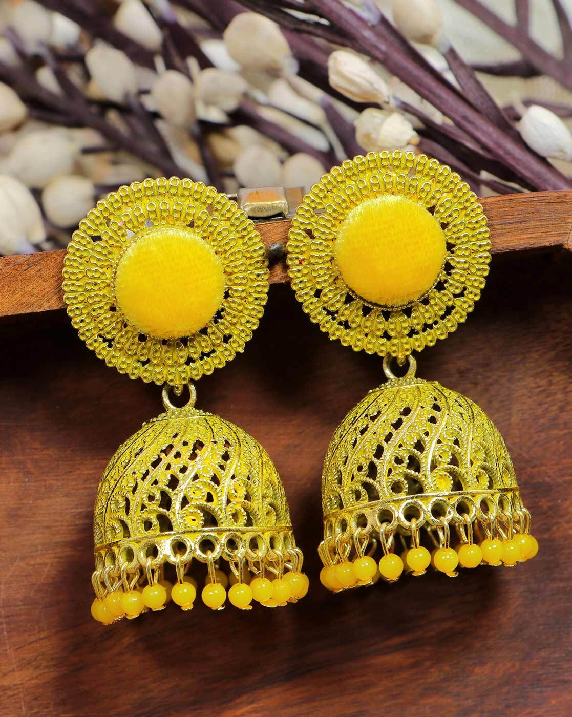 Yellow Colour Silk Thread Jhumukka Earrings