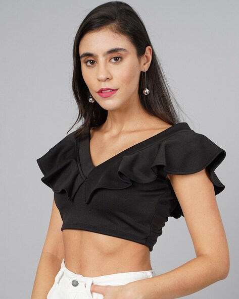 V-Neck Crop Top with Ruffle Sleeves