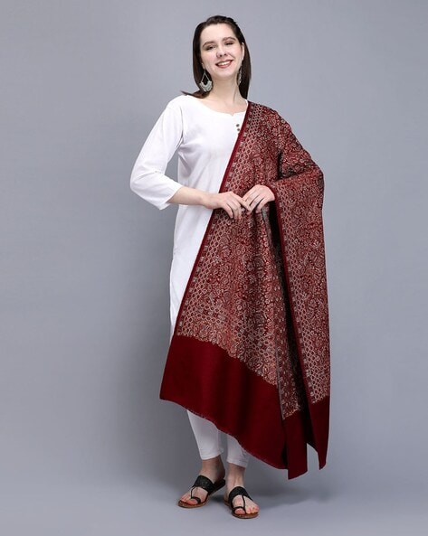 Floral Woven Shawl with Frayed Hems Price in India
