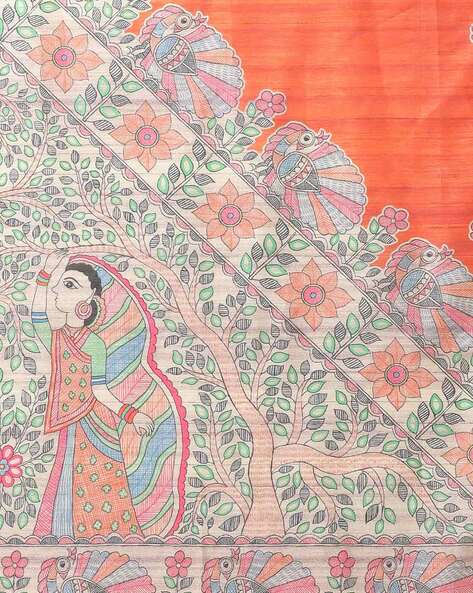 Shibori Bandhani Tie & Dye Madhubani Painting I Mithila Painting Linen Saree  - MithilanchalGroup