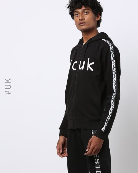 Typographic Print Slim Fit Zip-Front Hoodie