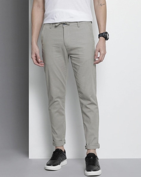 Slim Fit Flat-Front Trousers with Drawstring