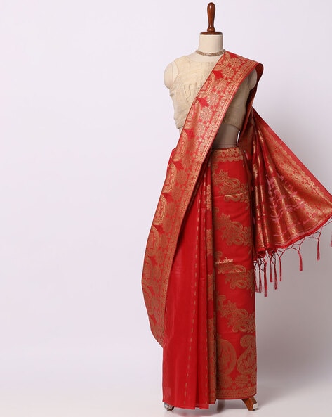 Women's Organza Burgundy Woven Design Designer Saree With Blouse Piece -  SareeMall