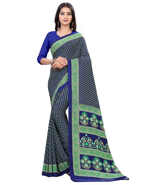 Hand Printed Pure Crepe Saree in Teal Blue : SJN7386