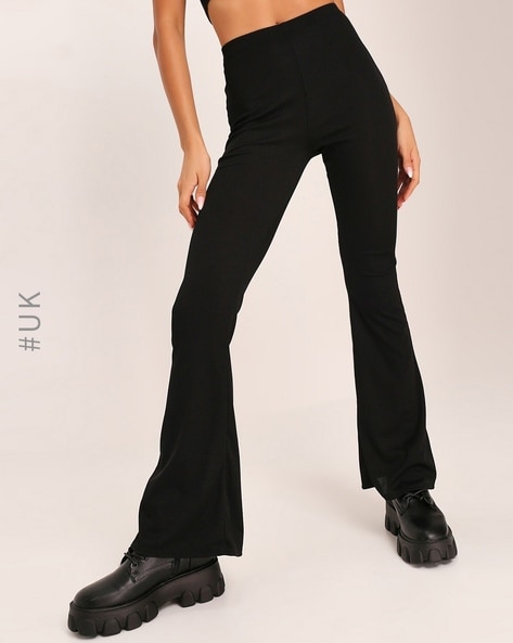 New Womens Rib Flare Trousers Wide Leg Black Trousers UK 612  eBay