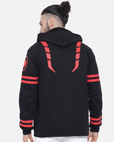 Black hoodie with 2024 red stripes on sleeves