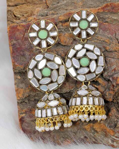 Pista Green Meenakari Layered Jhumka Earrings for Sangeet | FashionCrab.com  | Indian jewellery design earrings, Jhumka earrings, Indian wedding jewelry