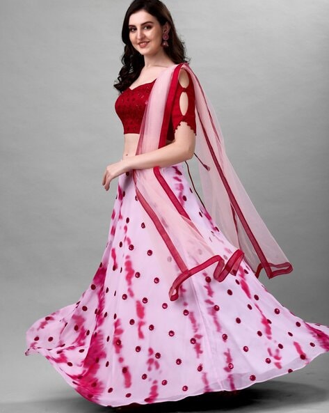 Magnificent White And Pink Georgette Koti Style Lehenga Choli