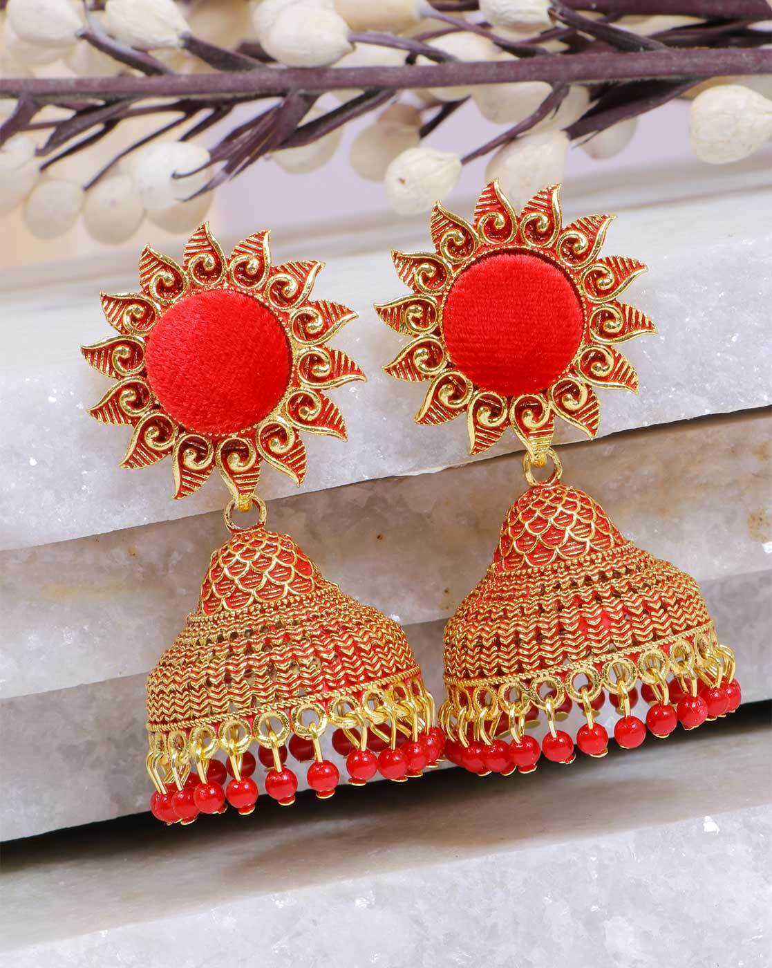 Red Jhumka Earrings, Handcrafted : Handmade Gifts l Artscrafted –  ArtsCrafted